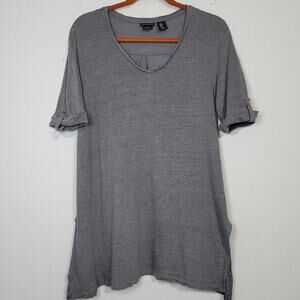 Tahari linen v-neck roll tab sleeve tunic top size M, gray, lagenlook, coastal